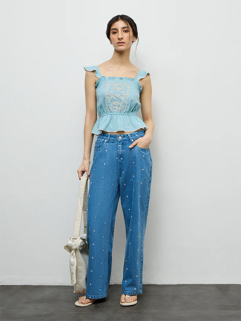 Bombay Paisley Light Blue Embroidered Cotton Top