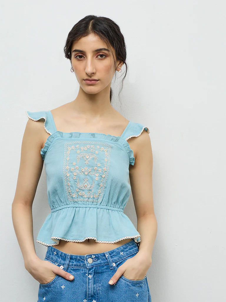 Bombay Paisley Light Blue Embroidered Cotton Top - Image 2