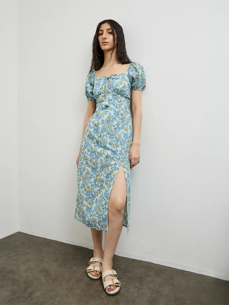 Bombay Paisley Light Blue Floral Pattern Cotton A-Line Dress