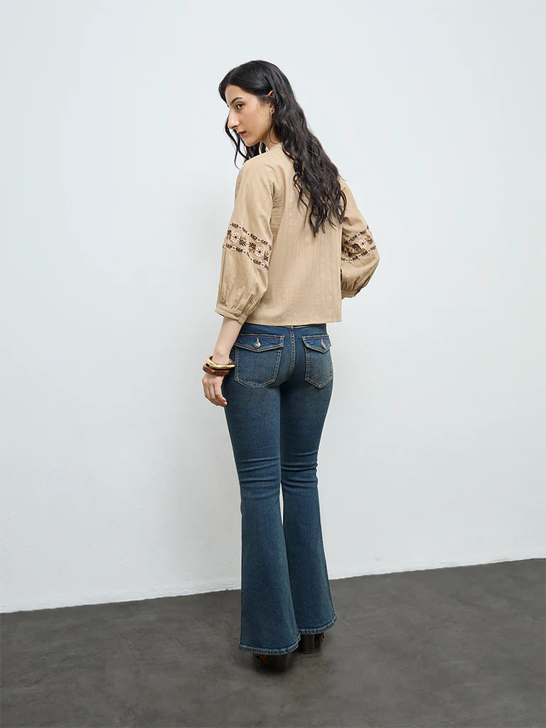 Bombay Paisley Light Brown Floral Embroidered Cotton Top - Image 4