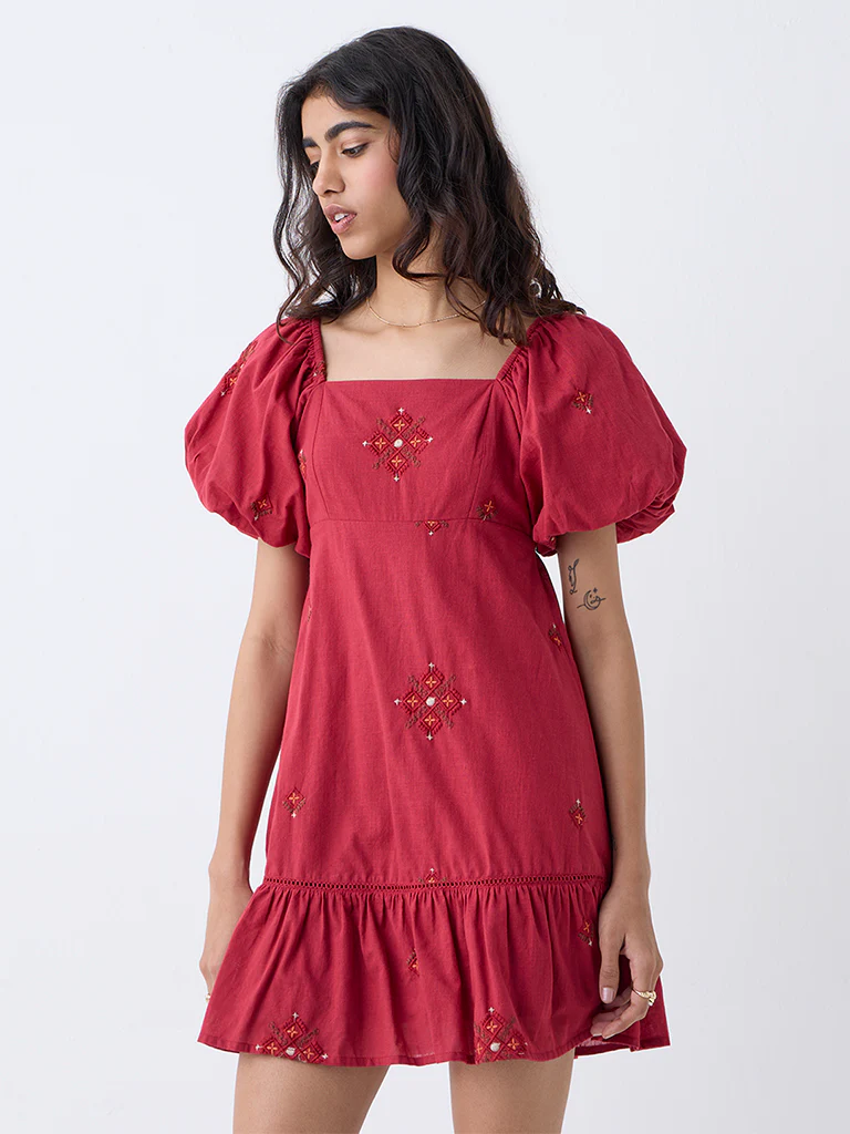 Bombay Paisley Maroon Embroidered Cotton A-Line Dress - Image 2