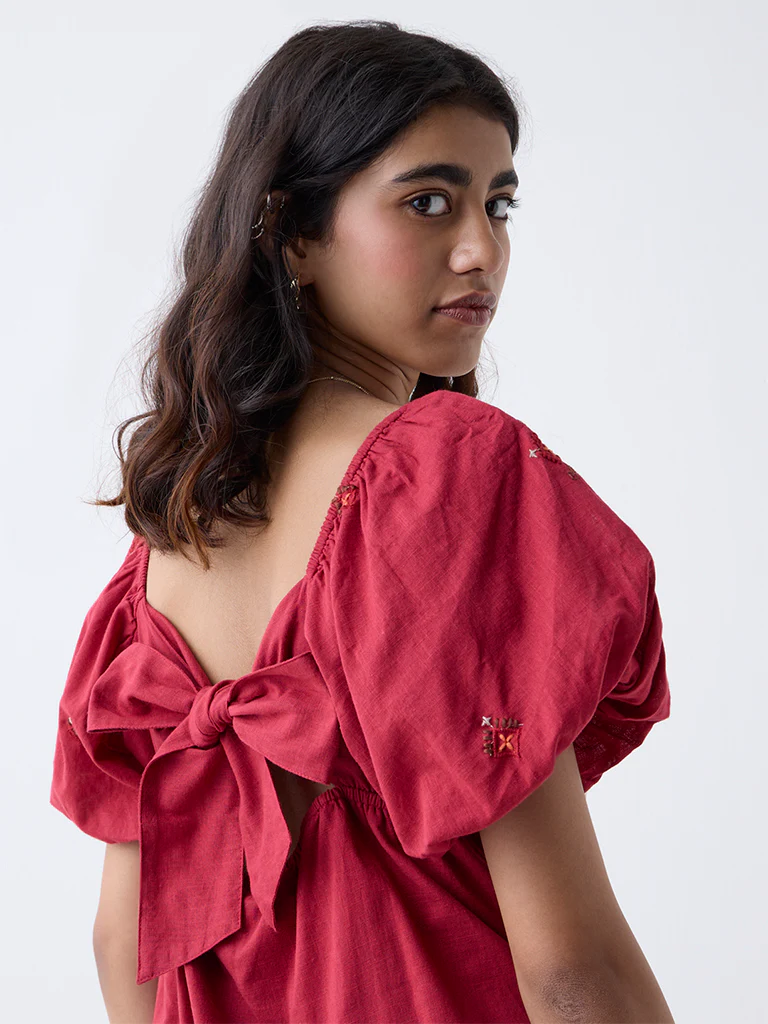 Bombay Paisley Maroon Embroidered Cotton A-Line Dress - Image 3