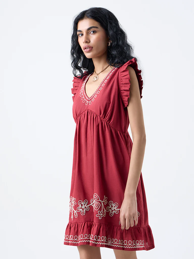 Bombay Paisley Maroon Embroidered Cotton-Blend A-Line Dress - Image 2