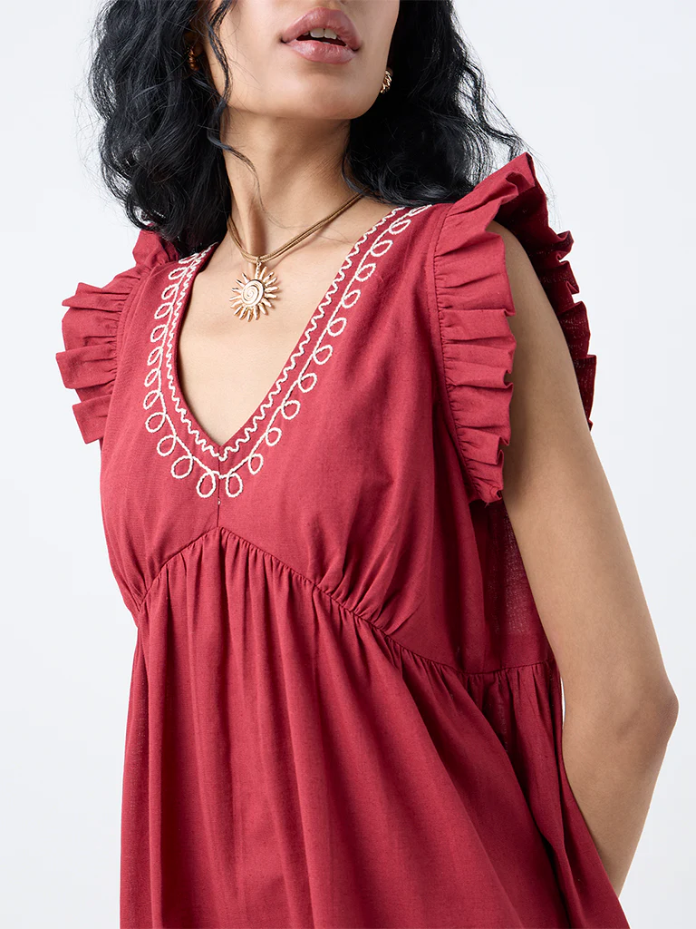 Bombay Paisley Maroon Embroidered Cotton-Blend A-Line Dress - Image 3