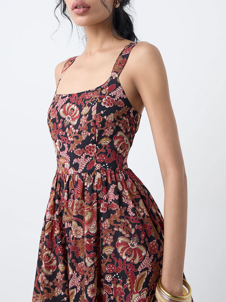 Bombay Paisley Maroon Floral Cotton A-Line Dress - Image 3