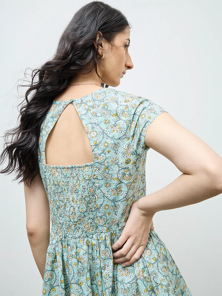 Bombay Paisley Mint Floral Cotton A-Line Dress - Image 3