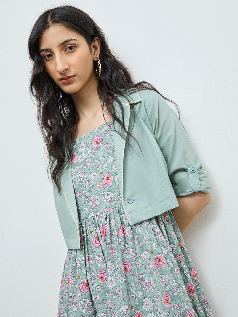 Bombay Paisley Mint Floral Cotton Tiered Dress with Jacket - Image 3