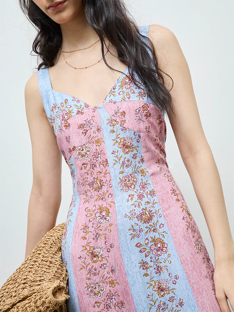 Bombay Paisley Multicolour Botanical Design Cotton A-Line Dress - Image 3