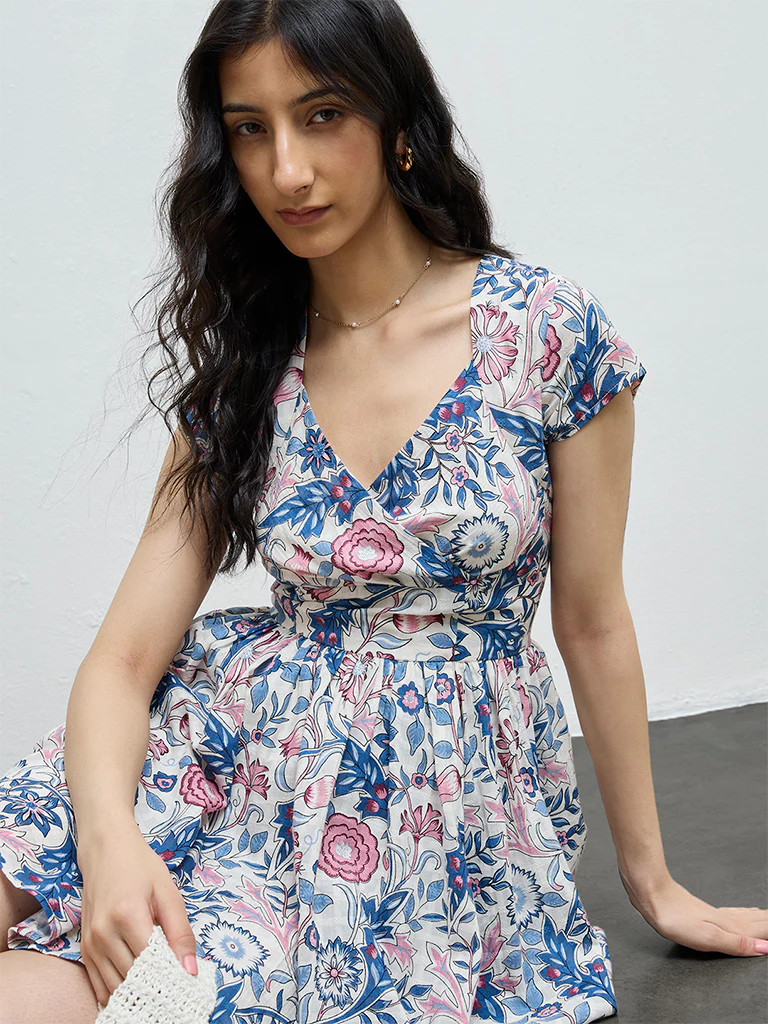 Bombay Paisley Multicolour Floral Cotton A-Line Dress - Image 3