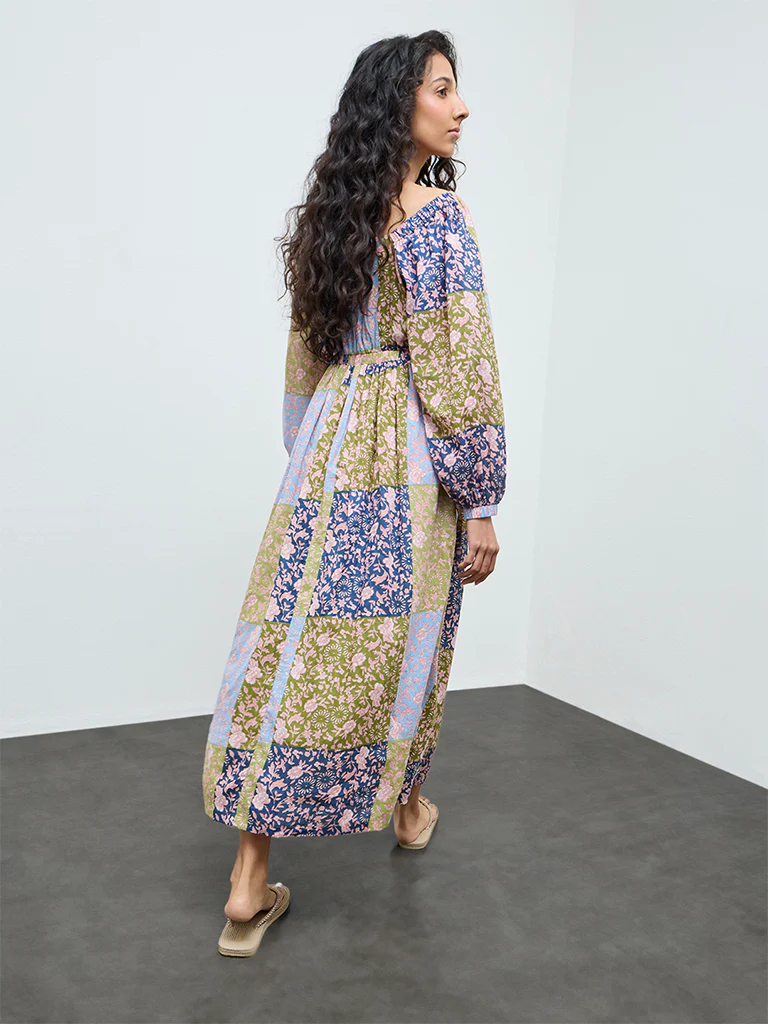 Bombay Paisley Multicolour Floral Pattern Cotton A-Line Dress - Image 4