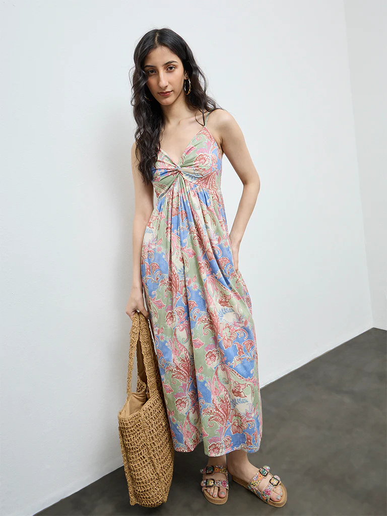 Bombay Paisley Multicolour Foliage Printed Cotton A-Line Dress