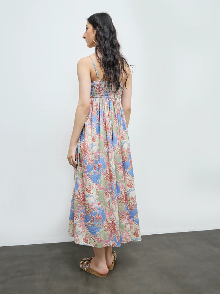 Bombay Paisley Multicolour Foliage Printed Cotton A-Line Dress - Image 4