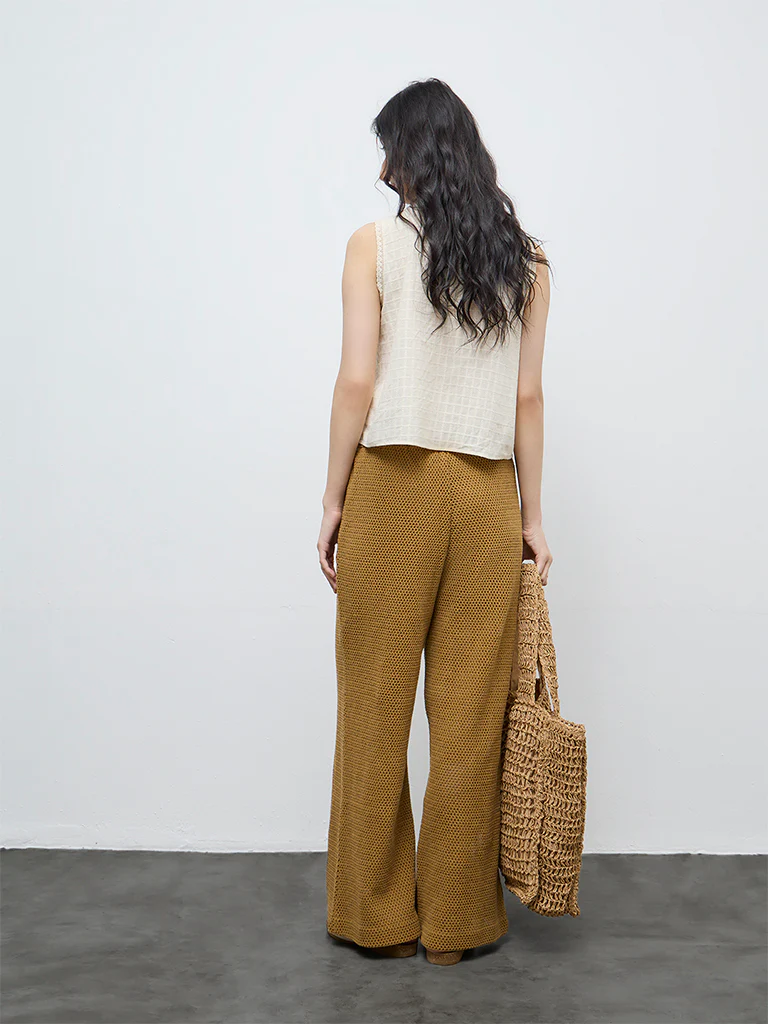 Bombay Paisley Mustard Crochet Cotton High-Rise Pants - Image 3