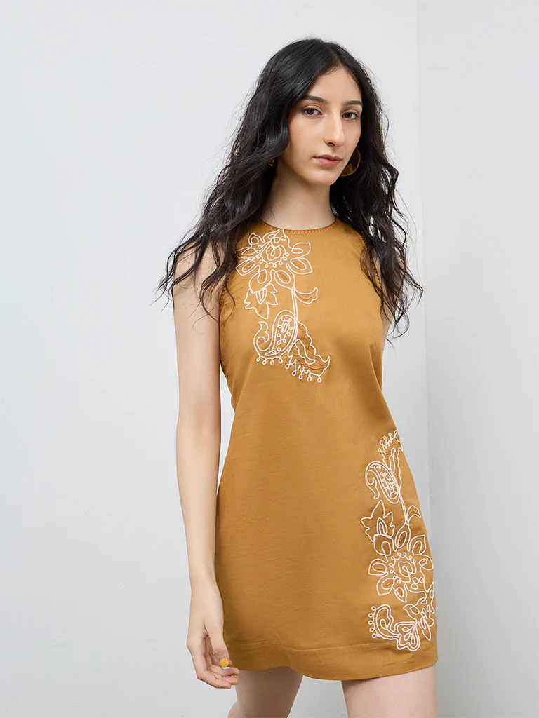Bombay Paisley Mustard Embroidered Cotton Shift Dress - Image 2