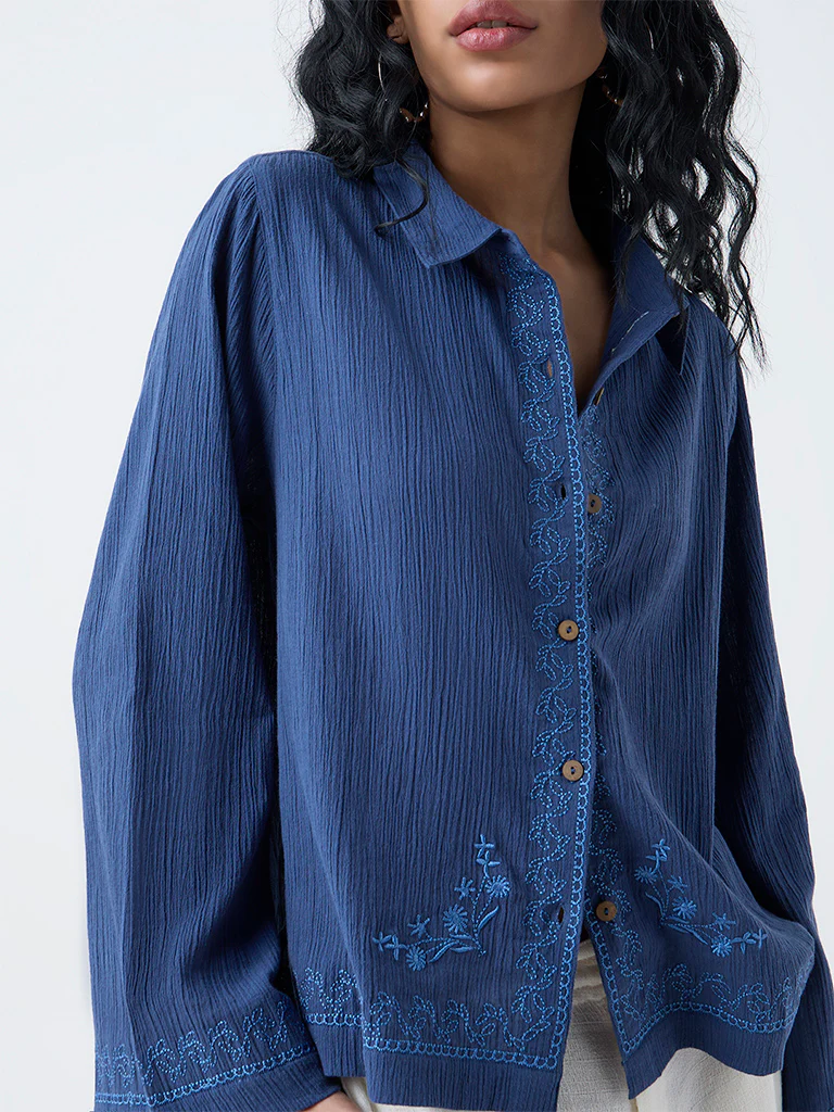 Bombay Paisley Navy Crinkle-Textured Shirt - Image 3