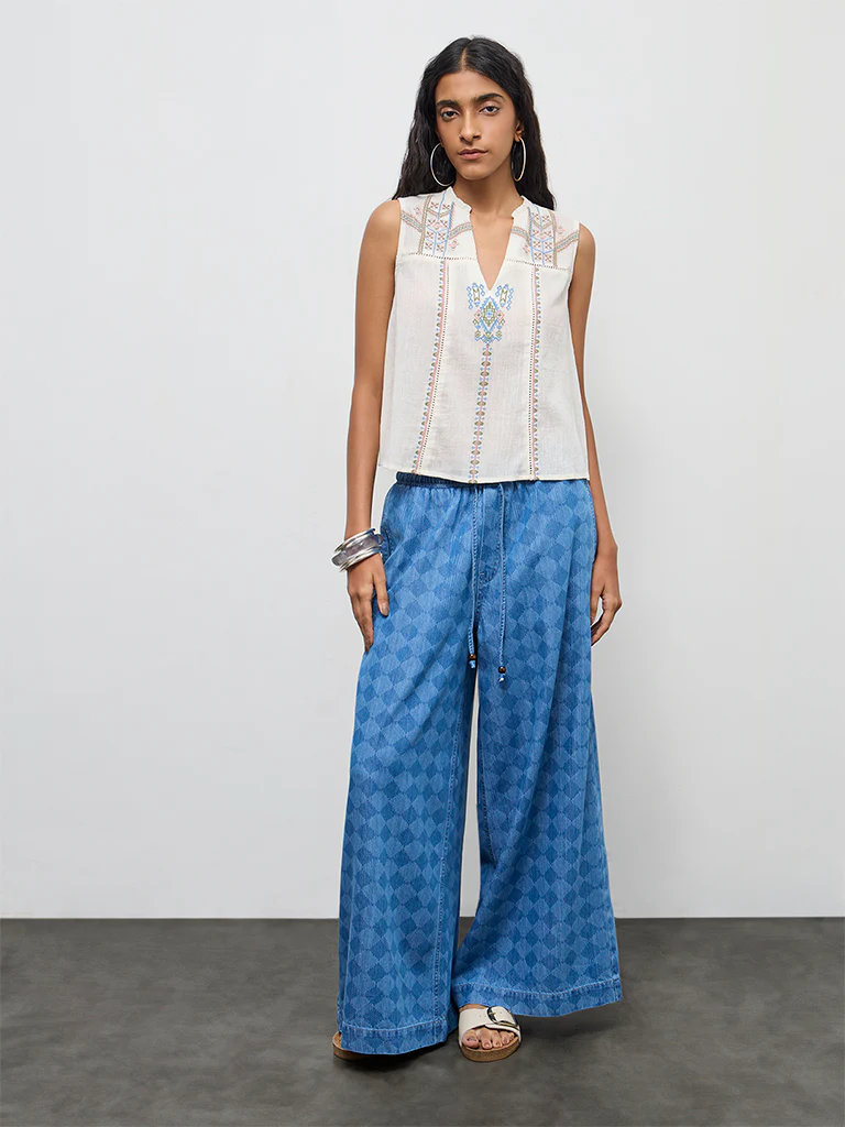Bombay Paisley Off-White Aztec Embroidered Cotton Top