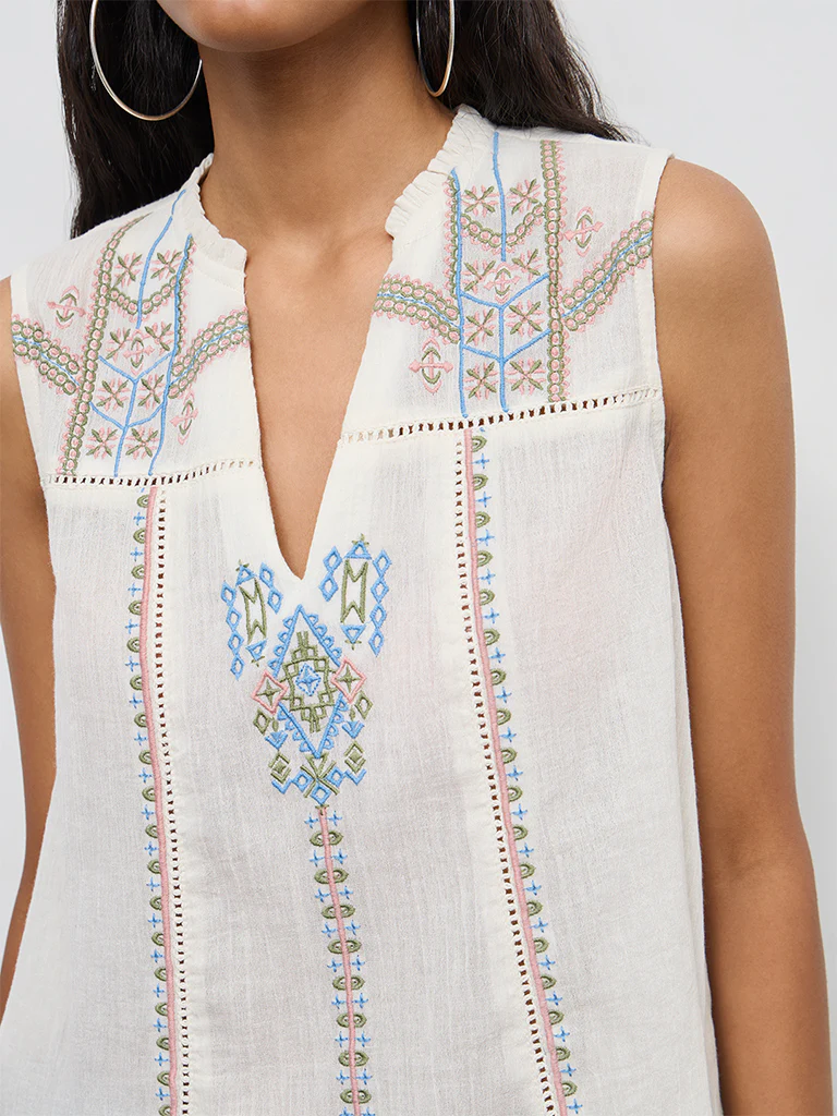 Bombay Paisley Off-White Aztec Embroidered Cotton Top - Image 3