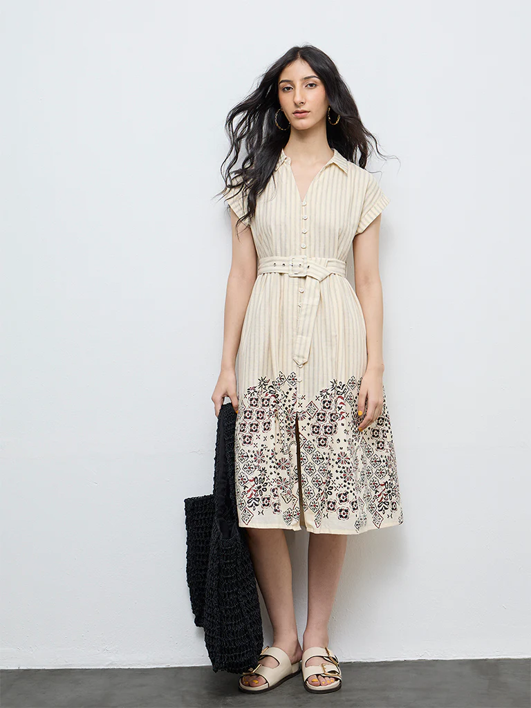 Bombay Paisley Off-White Cotton Shirt Dress with Belt