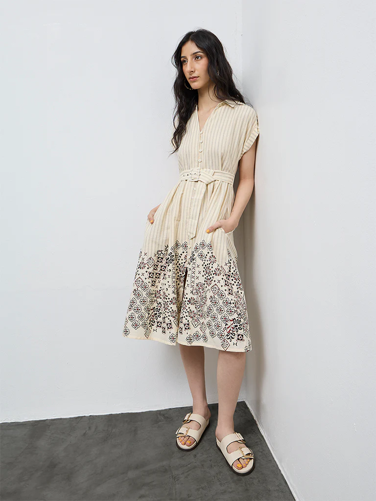 Bombay Paisley Off-White Cotton Shirt Dress with Belt - Image 2