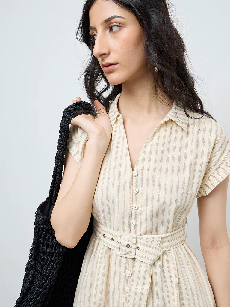 Bombay Paisley Off-White Cotton Shirt Dress with Belt - Image 3