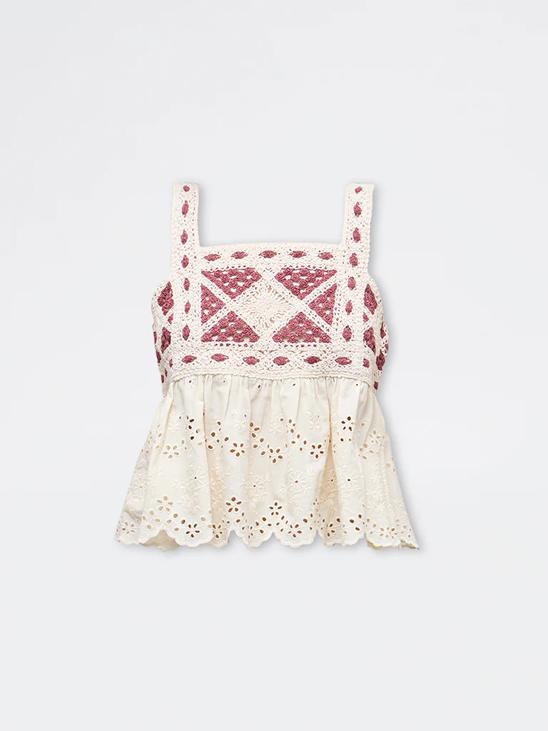 Bombay Paisley Off-White Crochet Knit Cotton Top - Image 5