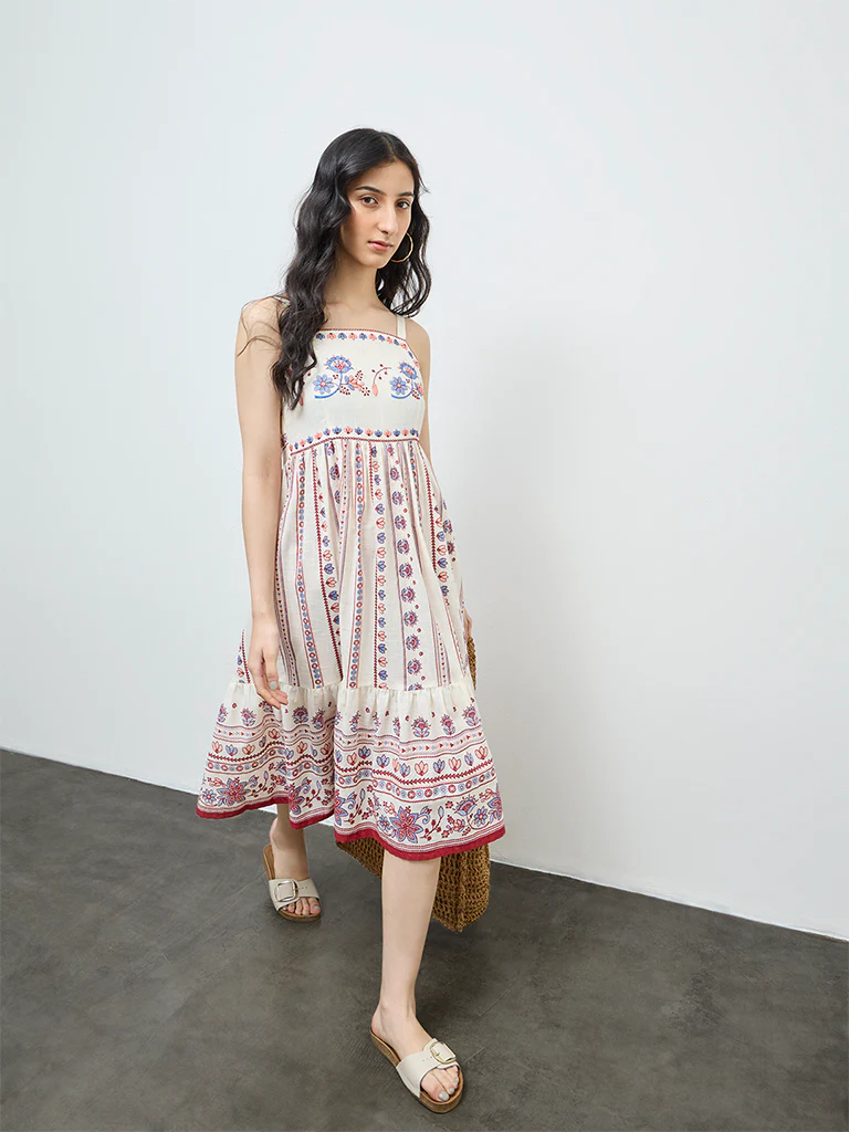 Bombay Paisley Off-White Embroidered Cotton A-Line Dress - Image 2
