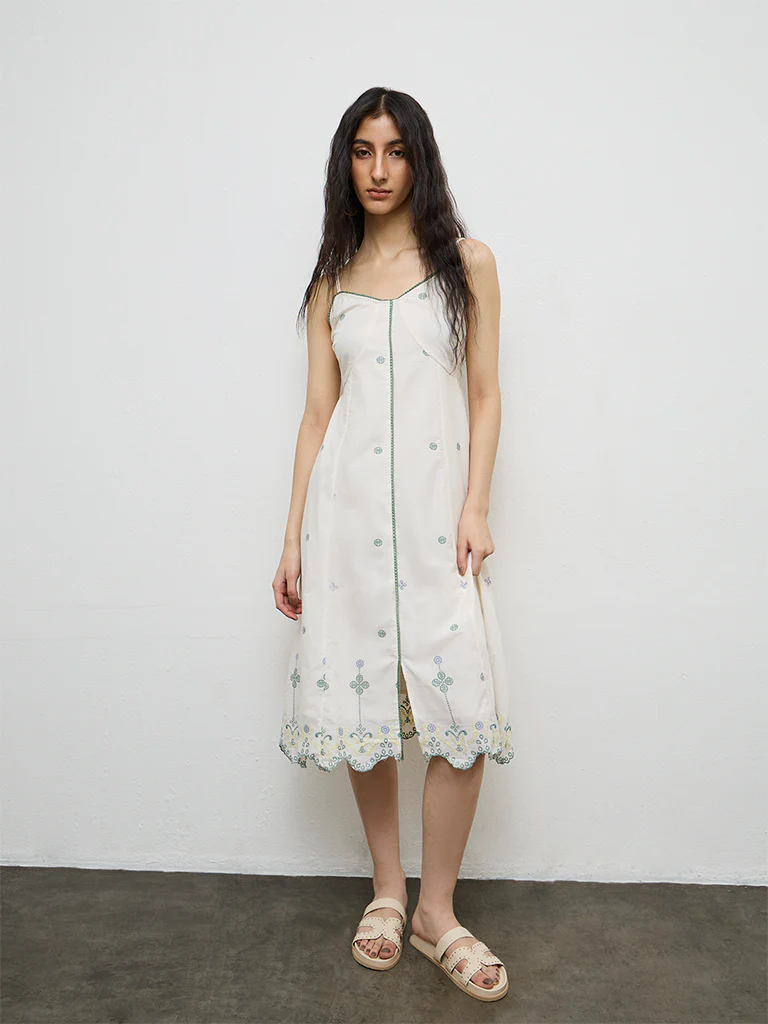 Bombay Paisley Off-White Embroidered Cotton A-Line Dress