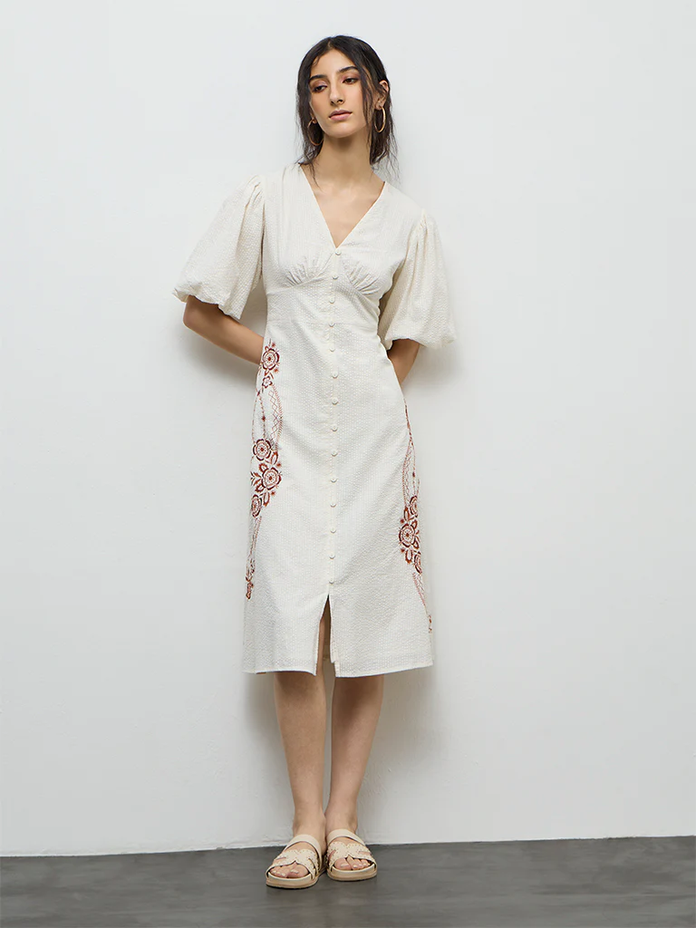 Bombay Paisley Off-White Embroidered Cotton A-Line Dress