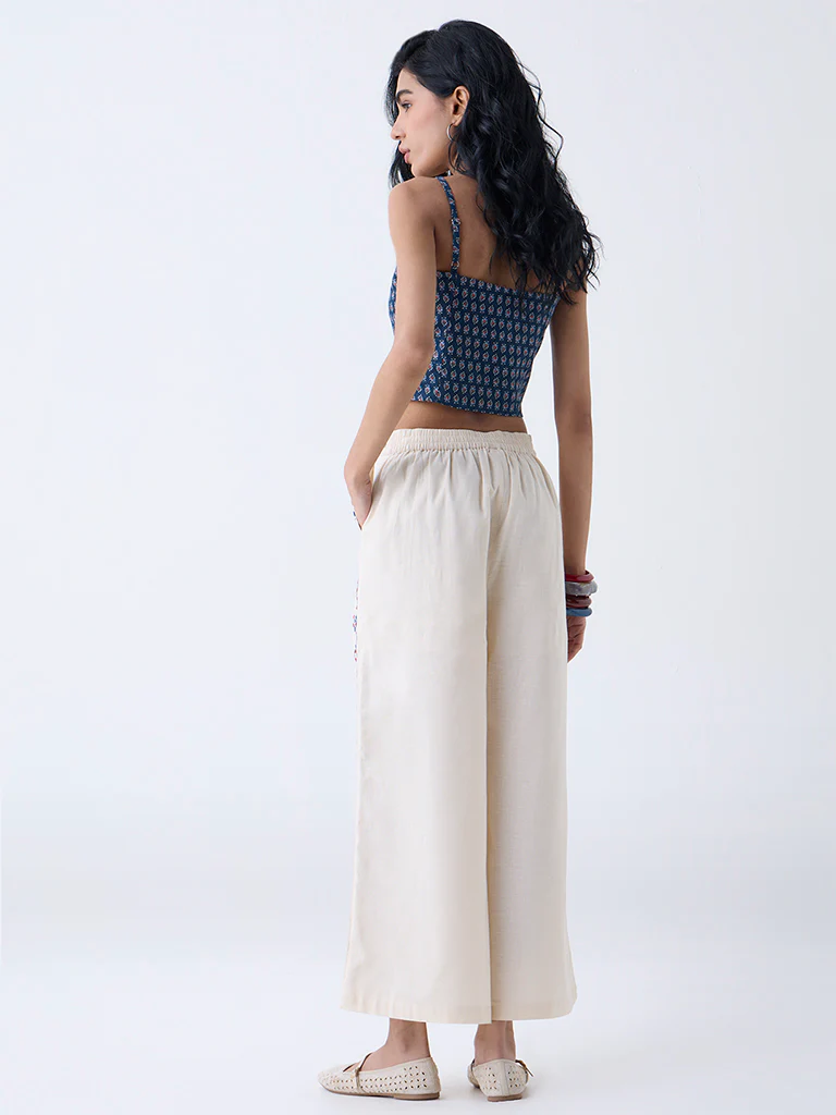 Bombay Paisley Off-White Embroidered Cotton-Blend Palazzos - Image 4