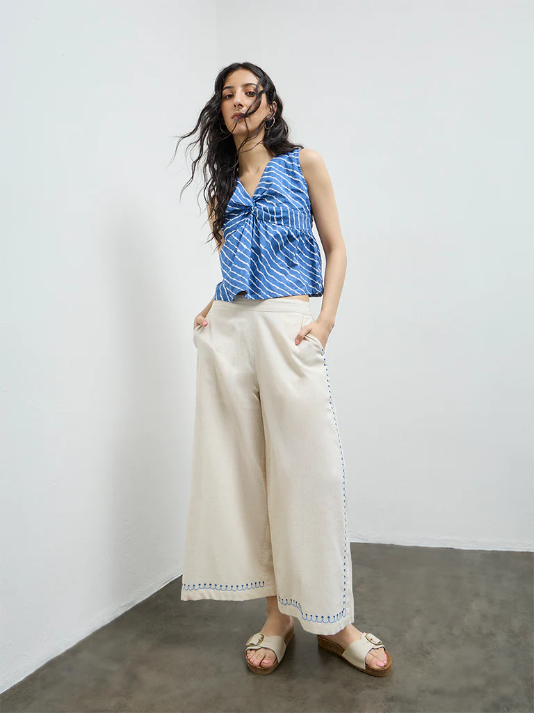 Bombay Paisley Off-White Embroidered Cotton-Blend Palazzos