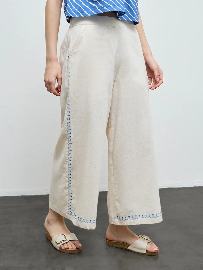 Bombay Paisley Off-White Embroidered Cotton-Blend Palazzos - Image 2