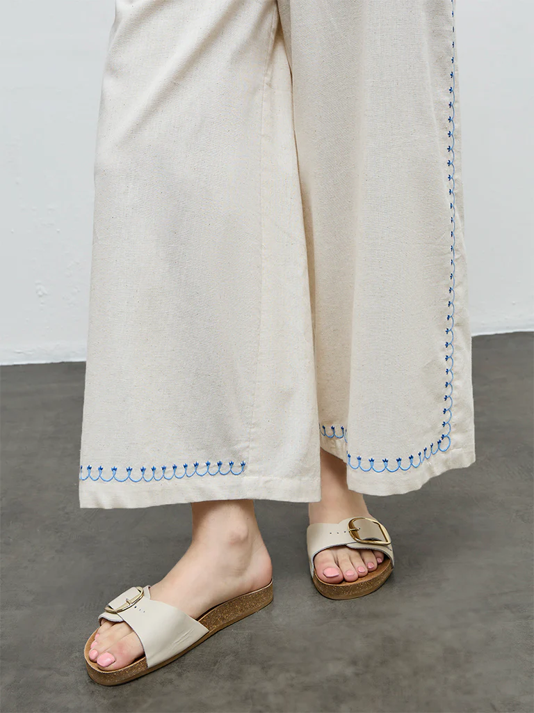 Bombay Paisley Off-White Embroidered Cotton-Blend Palazzos - Image 3