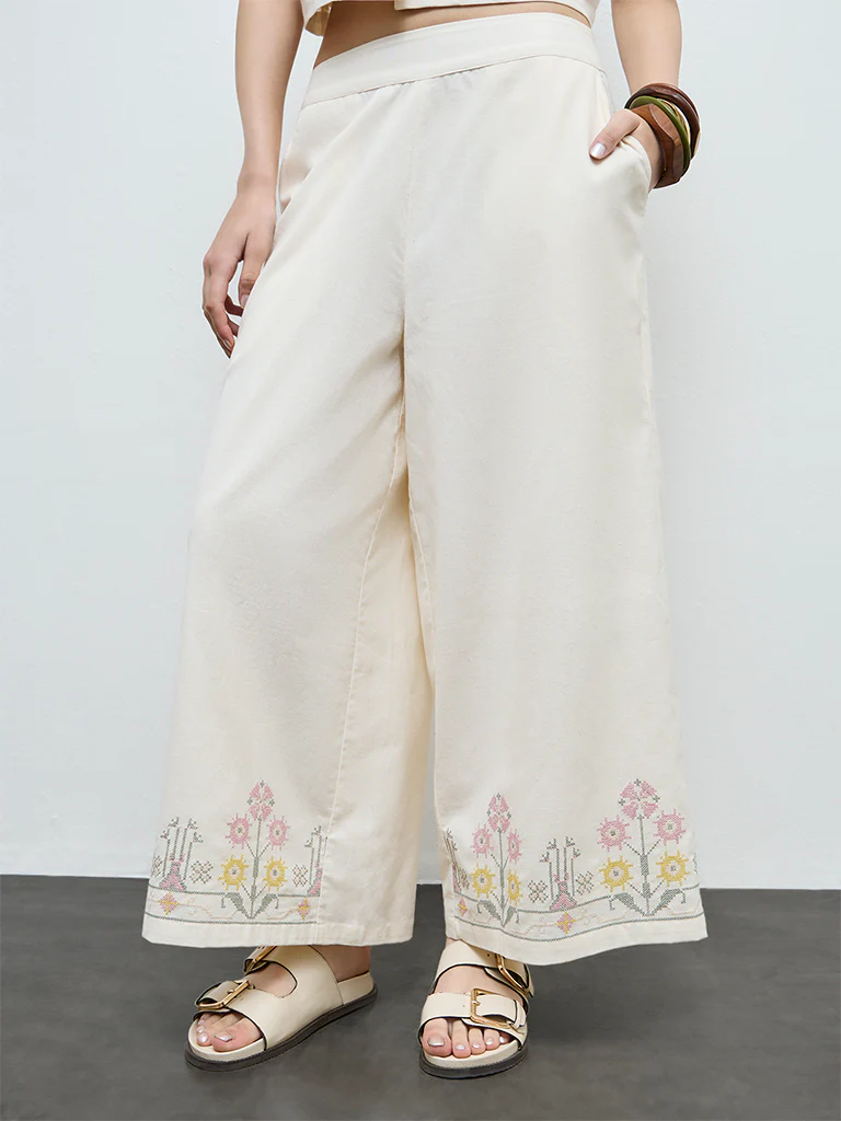 Bombay Paisley Off-White Embroidered Cotton-Blend Pants - Image 2