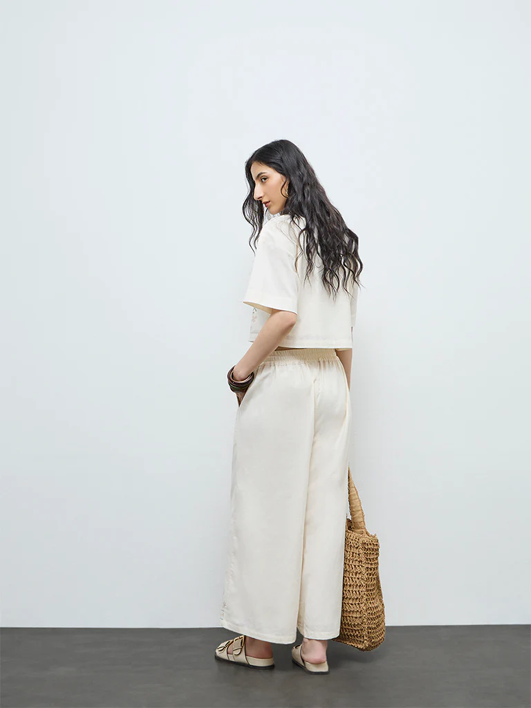 Bombay Paisley Off-White Embroidered Cotton-Blend Pants - Image 4