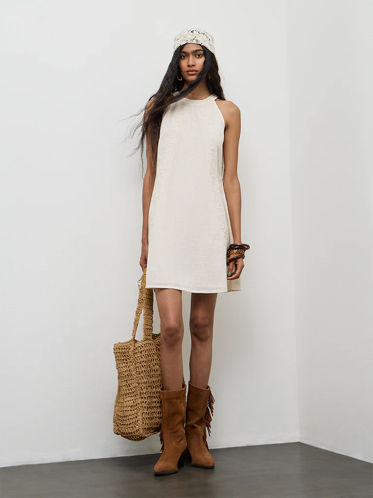 Bombay Paisley Off-White Embroidered Cotton Shift Dress
