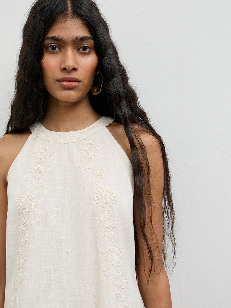 Bombay Paisley Off-White Embroidered Cotton Shift Dress - Image 3