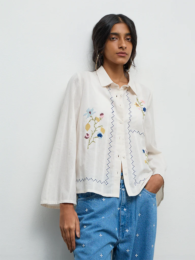 Bombay Paisley Off-White Embroidered Cotton Shirt