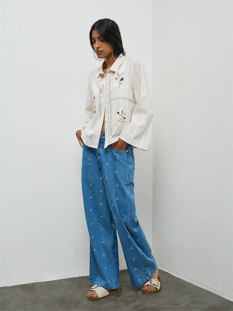 Bombay Paisley Off-White Embroidered Cotton Shirt - Image 2