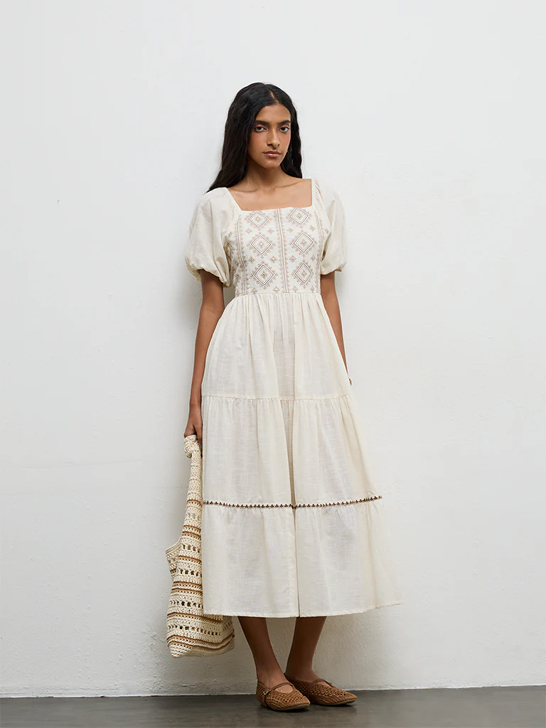 Bombay Paisley Off-White Embroidered Cotton Tiered Dress