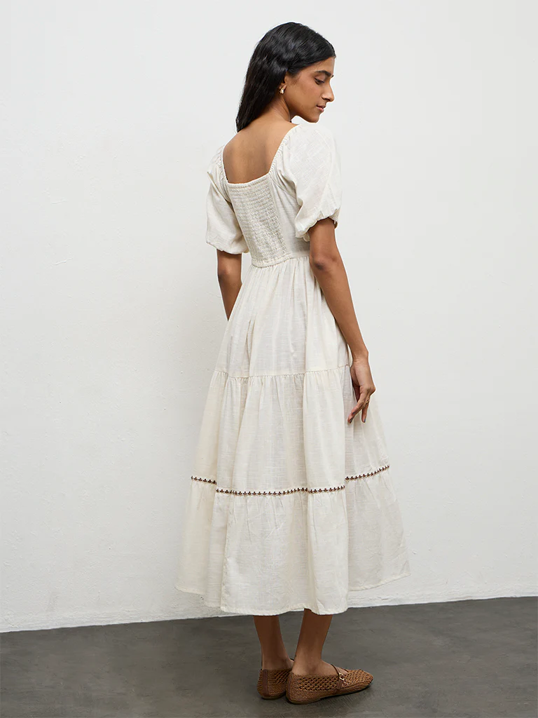 Bombay Paisley Off-White Embroidered Cotton Tiered Dress - Image 4