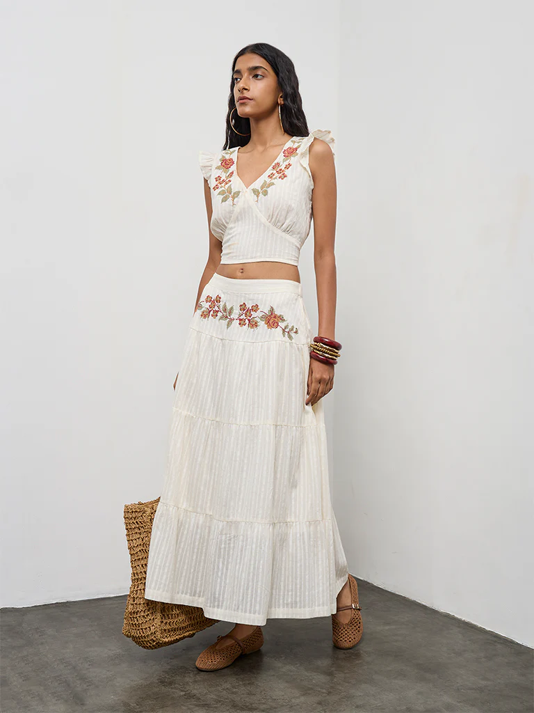 Bombay Paisley Off-White Embroidered Cotton Tiered Skirt