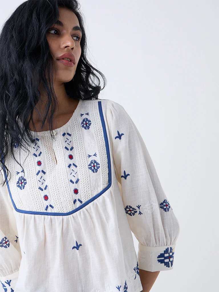 Bombay Paisley Off-White Embroidered Cotton Top - Image 3