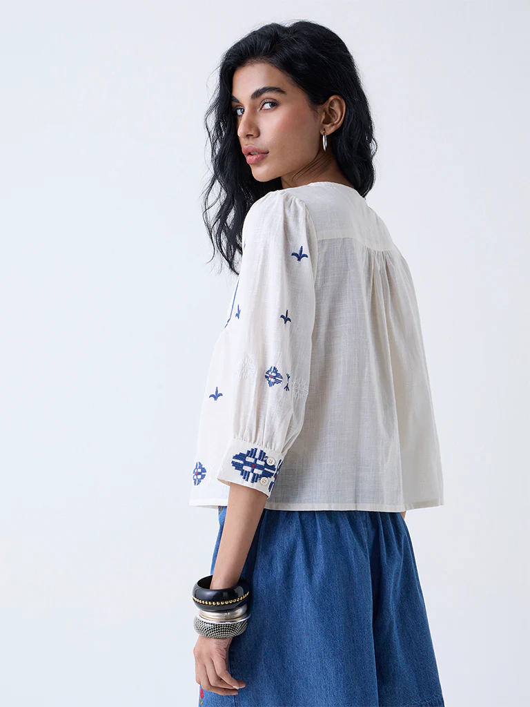 Bombay Paisley Off-White Embroidered Cotton Top - Image 4