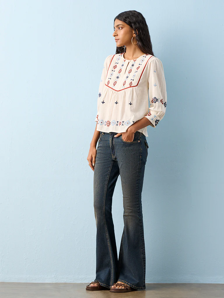 Bombay Paisley Off-White Embroidered Cotton Top - Image 2