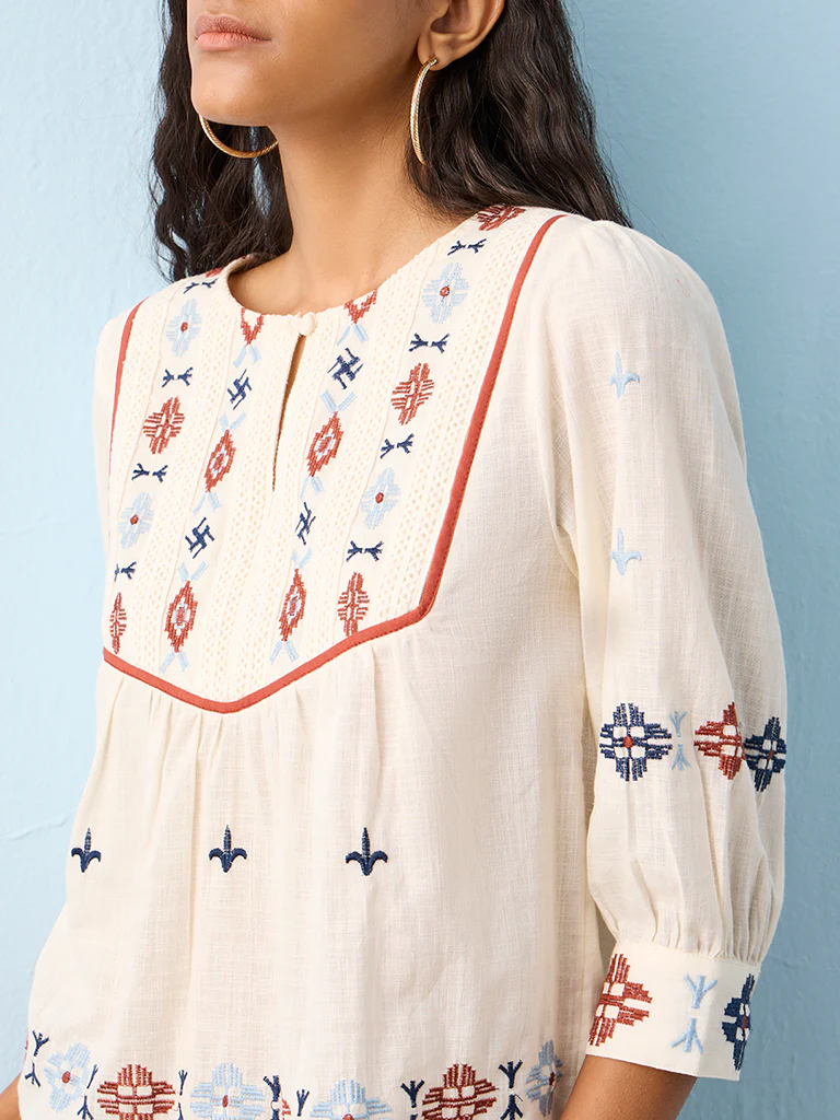 Bombay Paisley Off-White Embroidered Cotton Top - Image 3