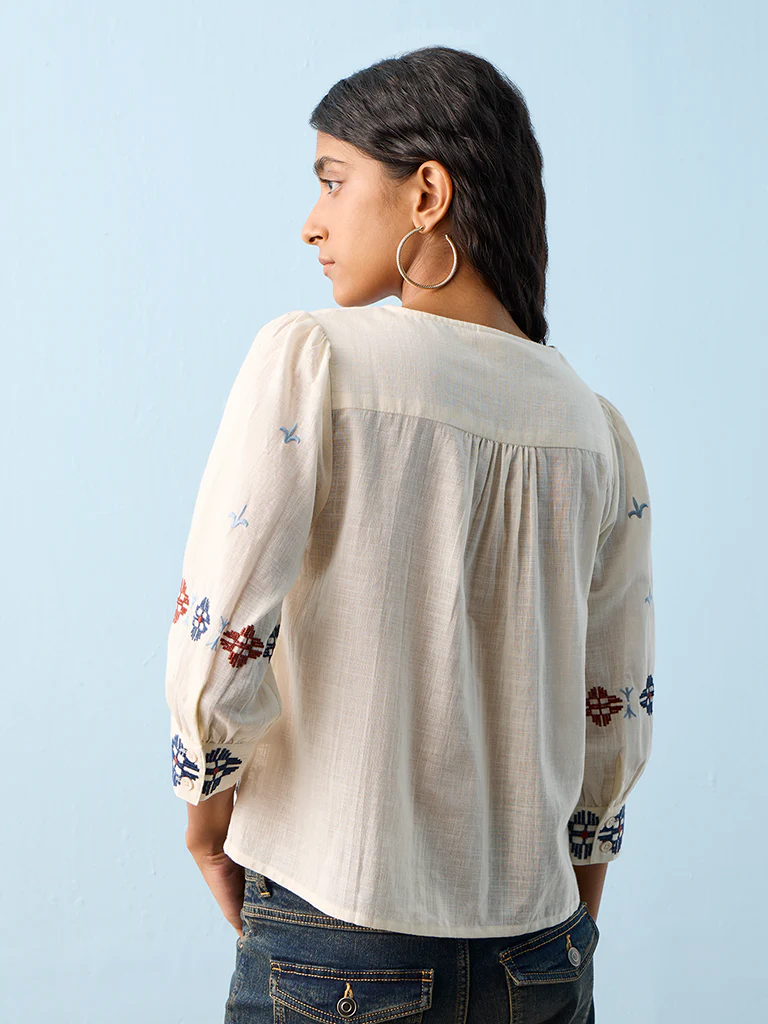 Bombay Paisley Off-White Embroidered Cotton Top - Image 4