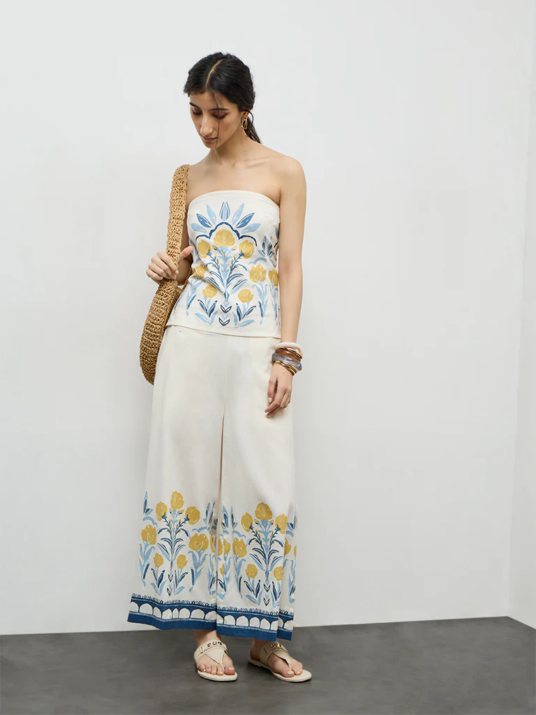 Bombay Paisley Off-White Floral Cotton-Blend Palazzos