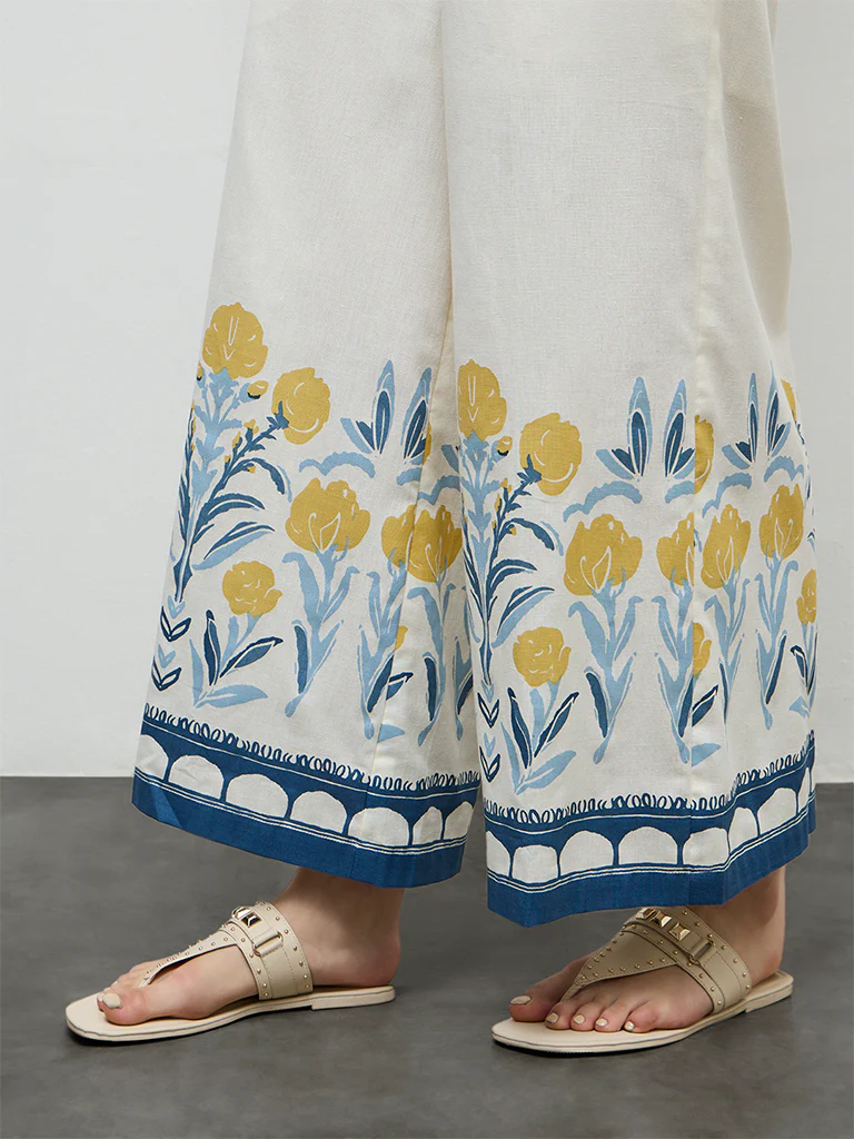 Bombay Paisley Off-White Floral Cotton-Blend Palazzos - Image 3