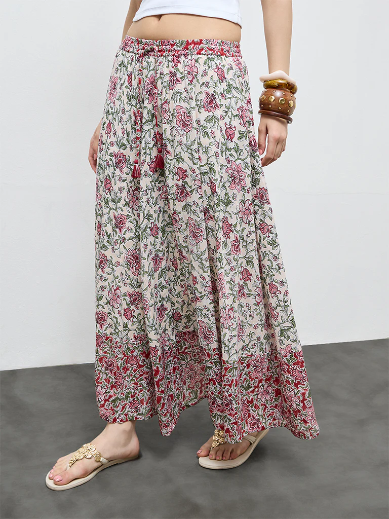 Bombay Paisley Off-White Floral Cotton Skirt - Image 2