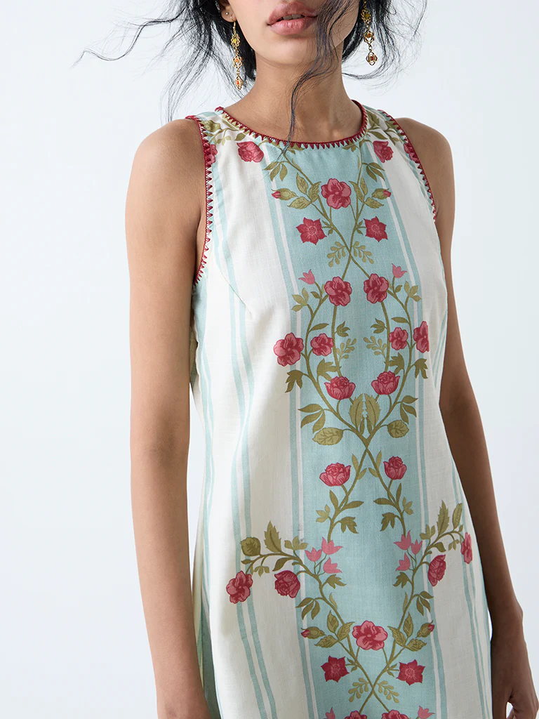Bombay Paisley Off-White Floral Design Cotton Shift Dress - Image 3